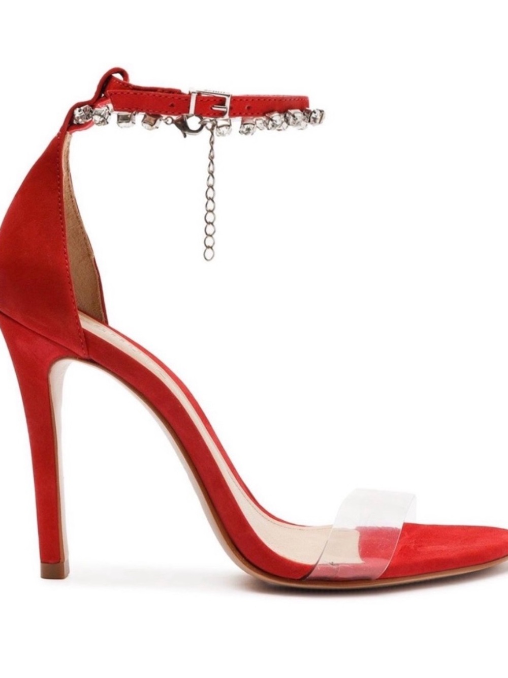 Schutz Red Ankle-Strap Stiletto Sandals with Crystal Ankle Chain Size 10